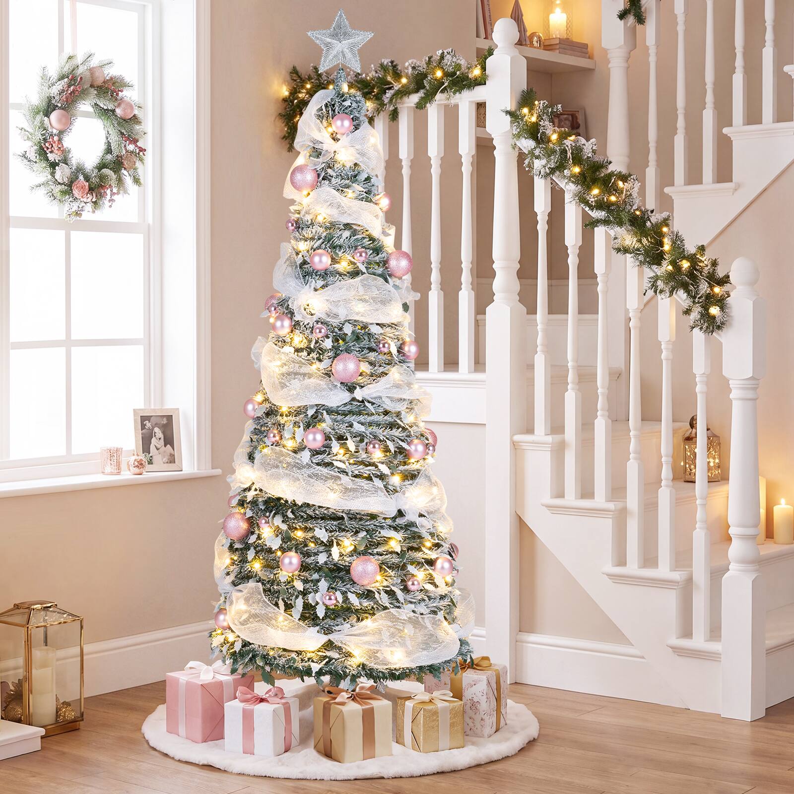Alt View 4. Costway - Costway 6 ft Pop Up Flocked Christmas Tree with 55 Xmas Balls 150 Pre-Lit LED Lights Ribbon - Green & White.