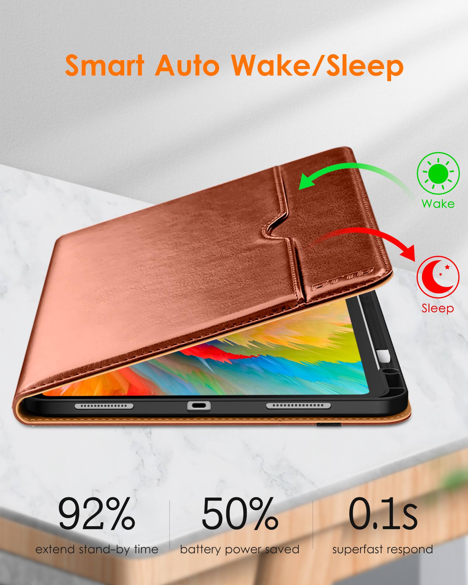 Smart Auto Wake/Sleep

- 92% extend stand-by time
- 50% battery power saved
- 0.1s superfast respond

Wake
Sleep