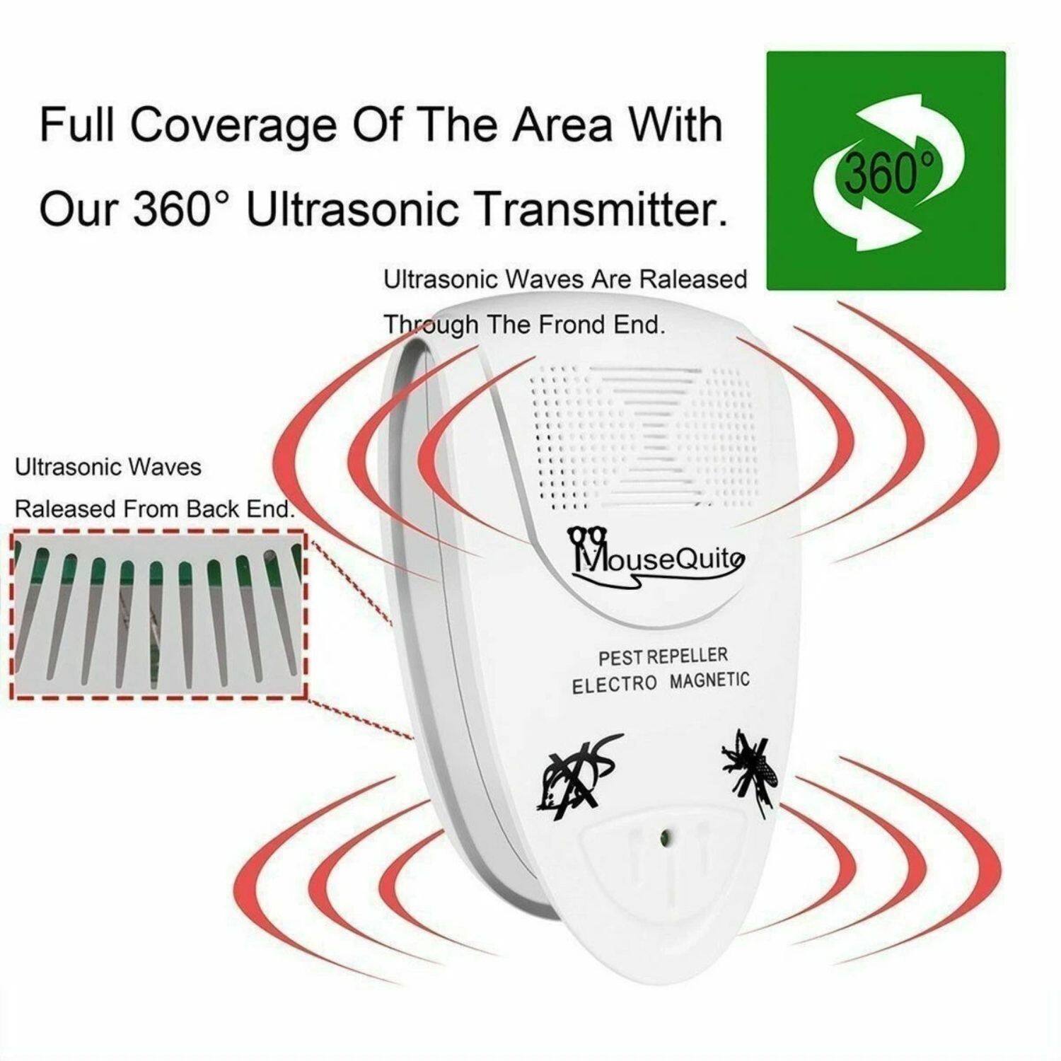 Full Coverage Of The Area With Our 360° Ultrasonic Transmitter. Ultrasonic Waves Are Released Through The Frond End. Ultrasonic Waves Released From Back End. MouseQuito PEST REPELLER ELECTRO MAGNETIC.