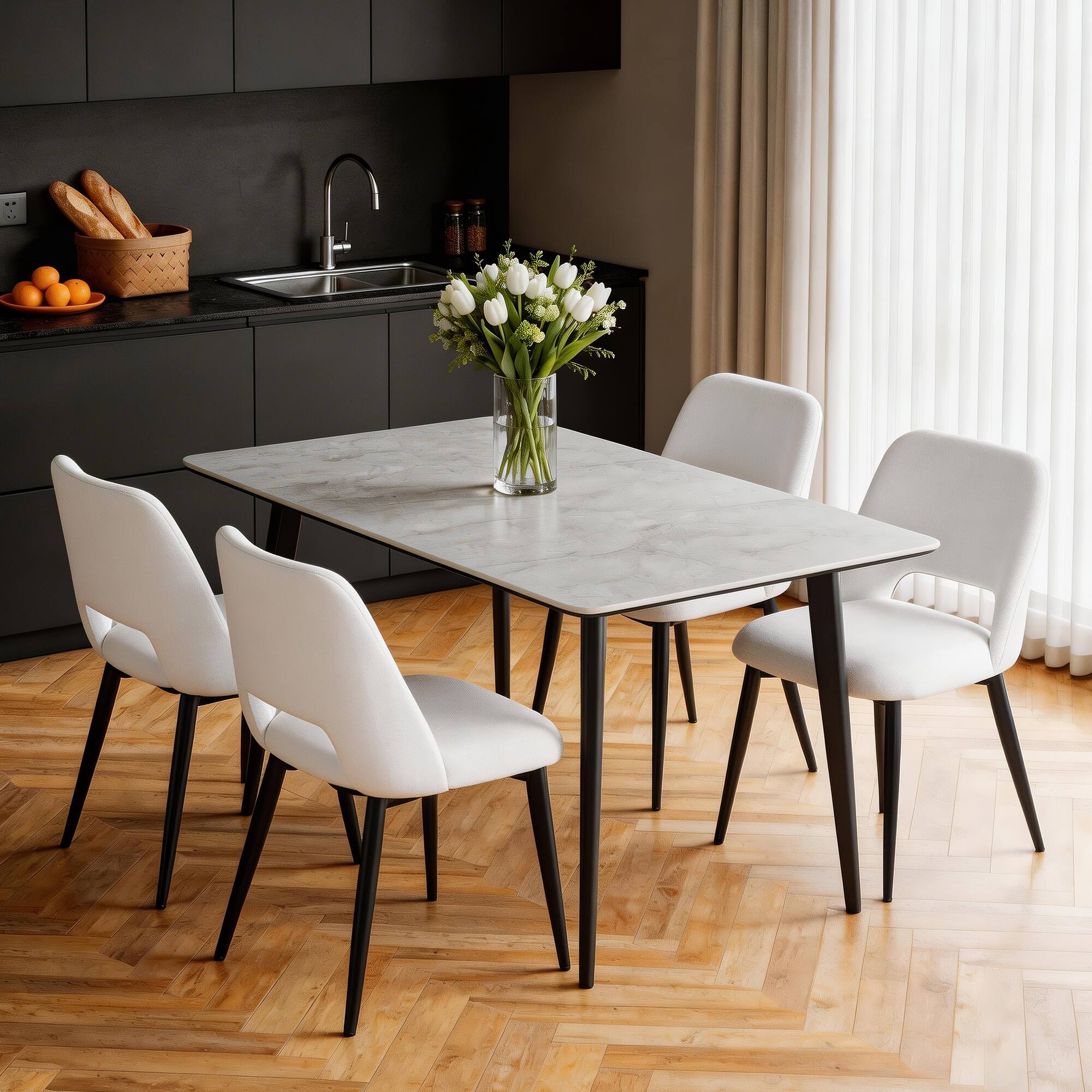 Alt View 3. KERDOM - 2pcs Classic Dining Chairs, Fabric Padded Restaurant Chairs with Back, Armless Kitchen Chairs Space Saving, Accent Chair - White.