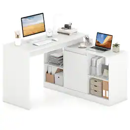 Gymax - 48'' Reversible L-shaped Computer Desk w/2 Doors 4 Open Storage Cubes for Office - White