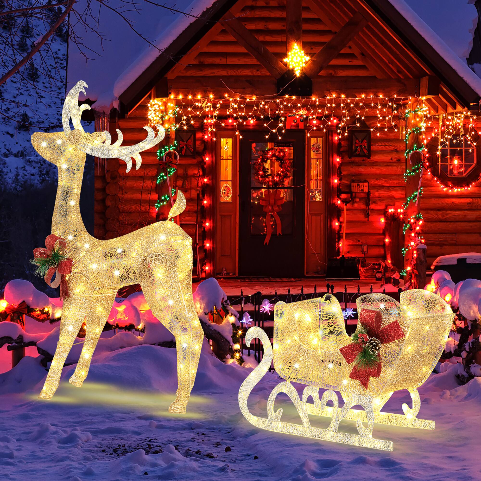 Alt View 17. Costway - Lighted Christmas Reindeer & Sleigh, Outdoor & Indoor Decoration W/ 100 Lights - Gold.