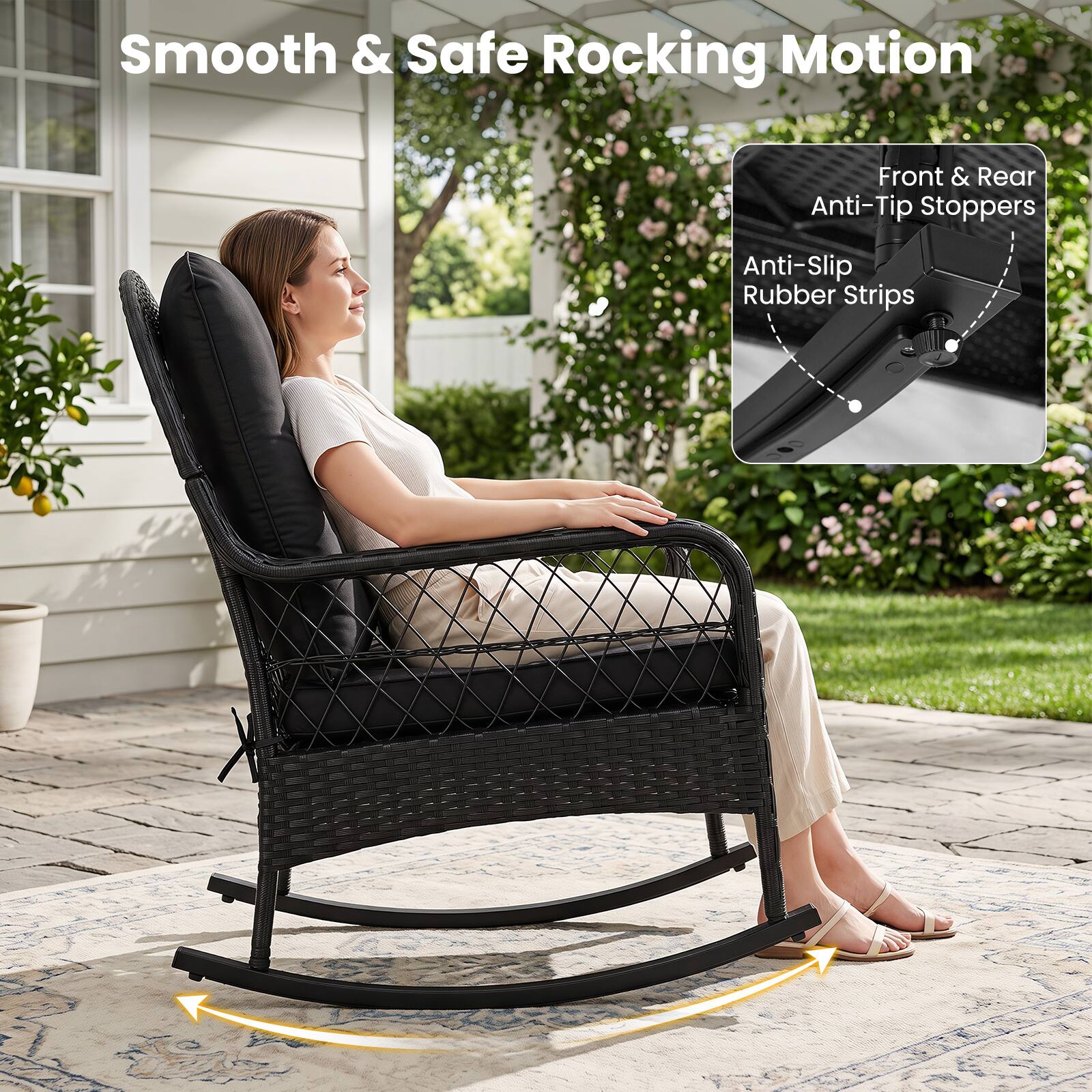 Smooth & Safe Rocking Motion  
Front & Rear Anti-Tip Stoppers  
Anti-Slip Rubber Strips