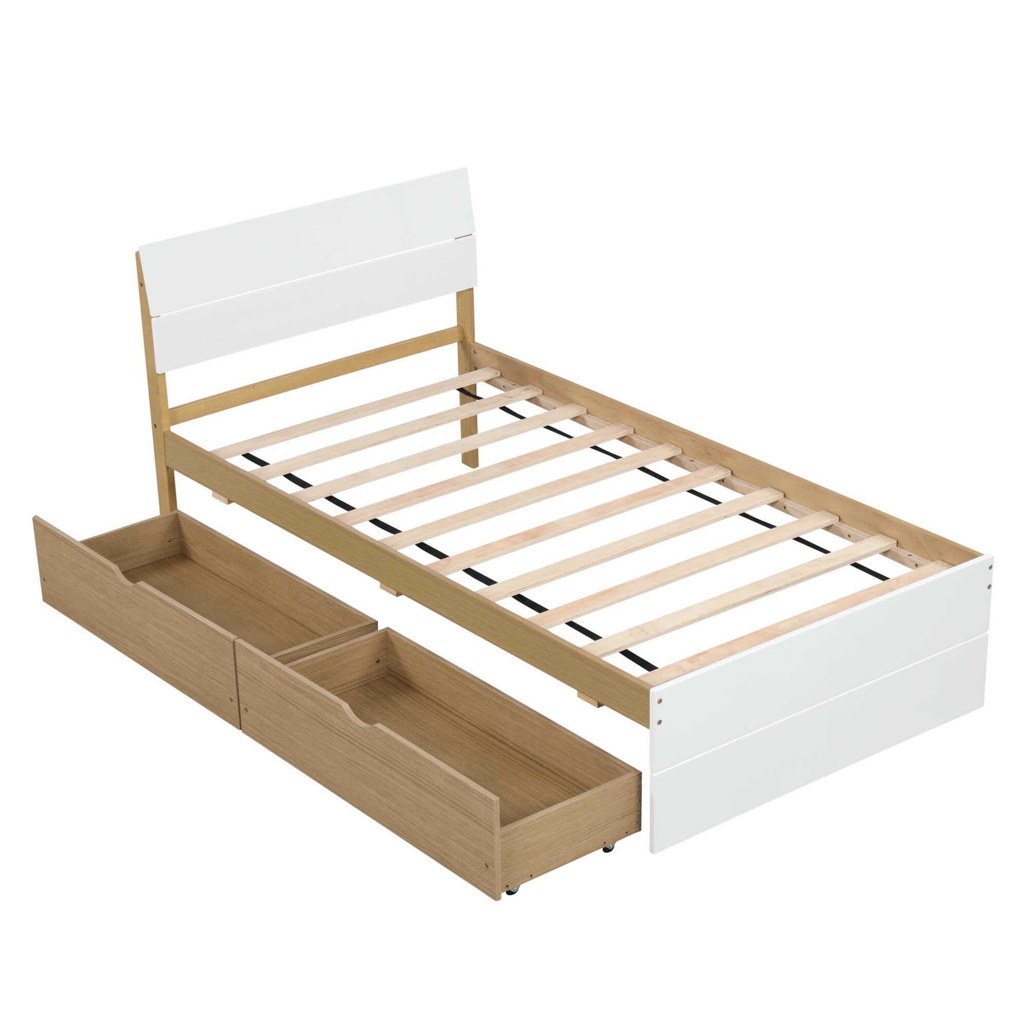 Alt View 4. GOODSILO - Modern Twin Bed Frame with Storage Drawers and High Gloss Finish - White+Light Oak.