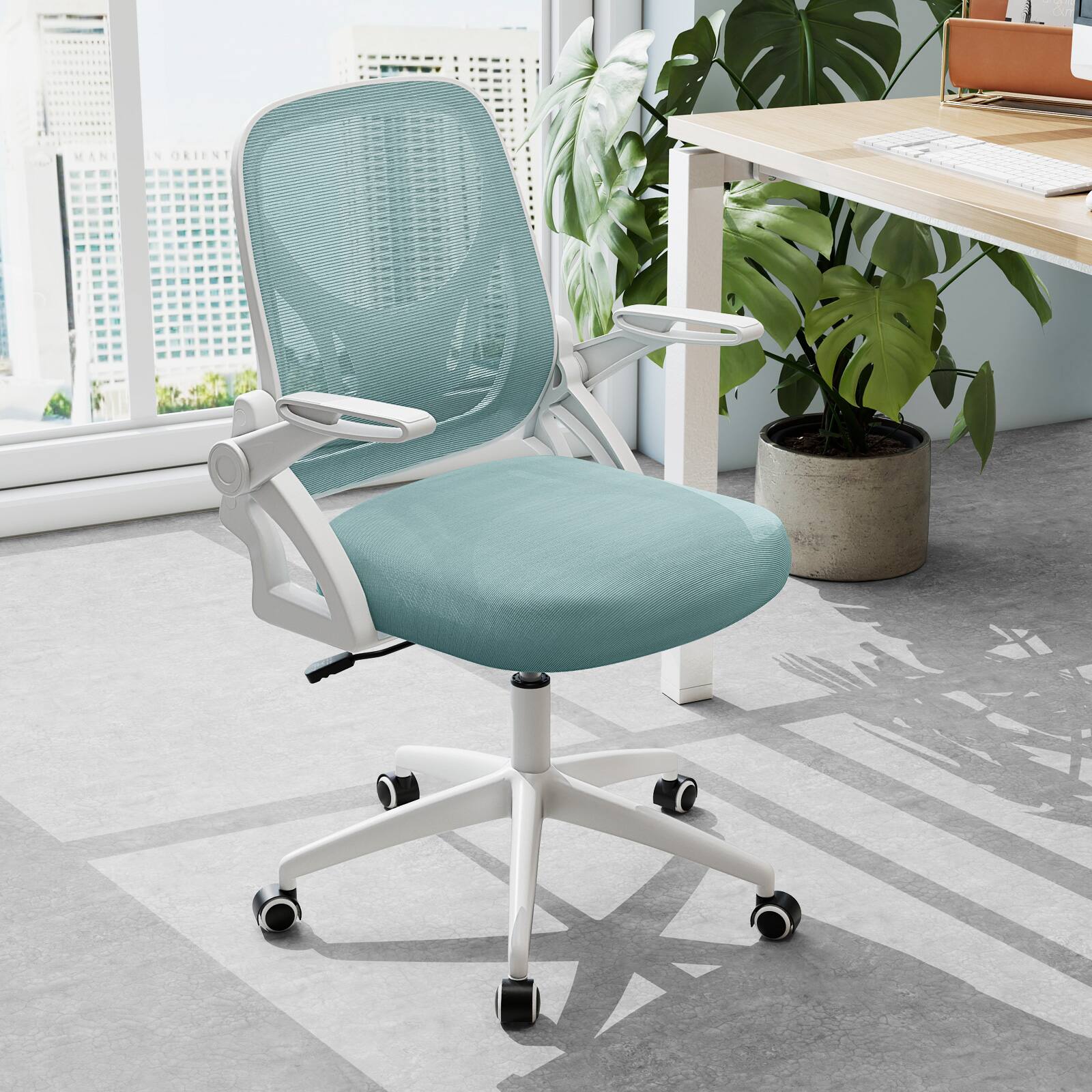 Alt View 3. Costway - Costway Mesh Office Chair with Lumbar Support & Flip-up Arms Rolling Casters for Work - Blue.