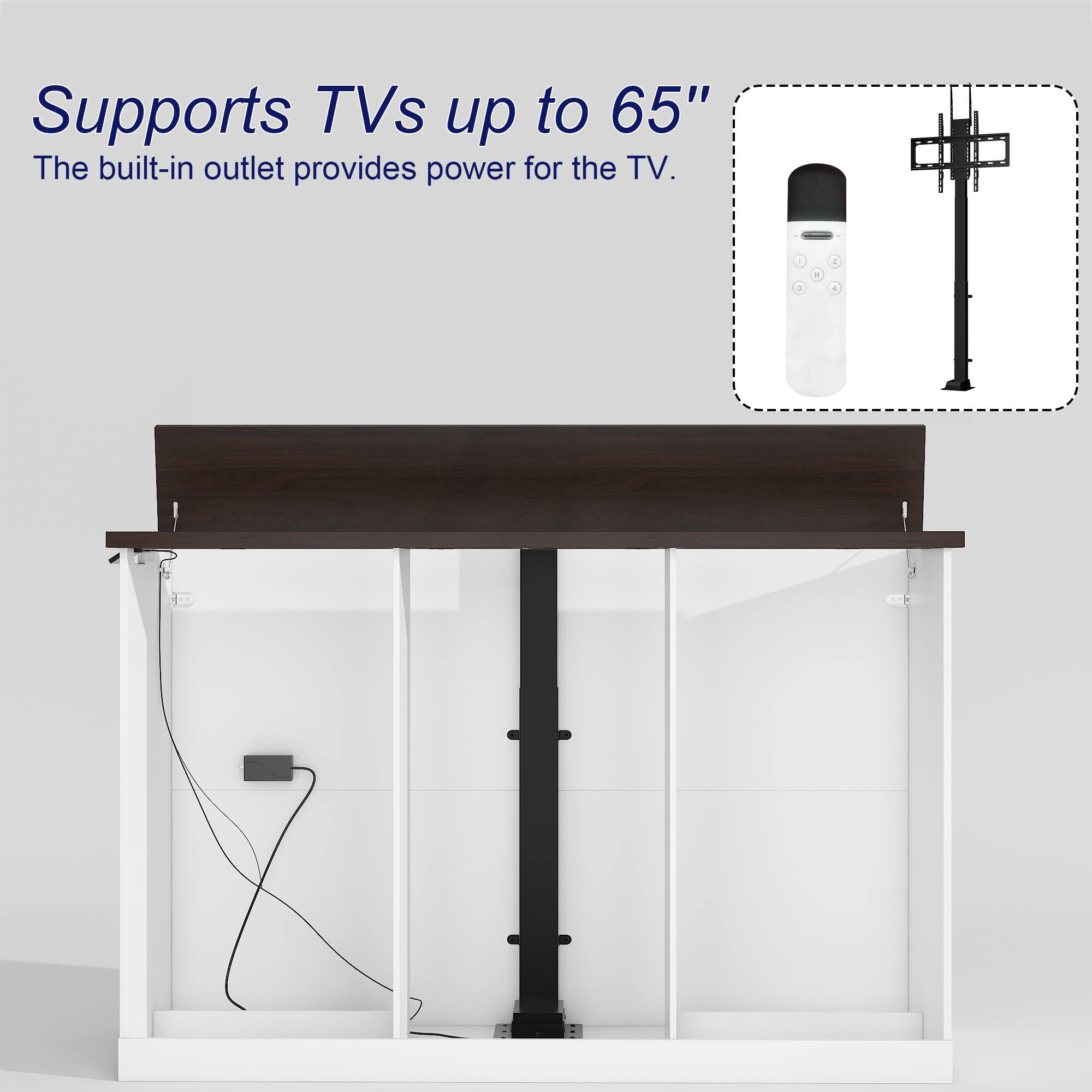 Supports TVs up to 65"  
The built-in outlet provides power for the TV.