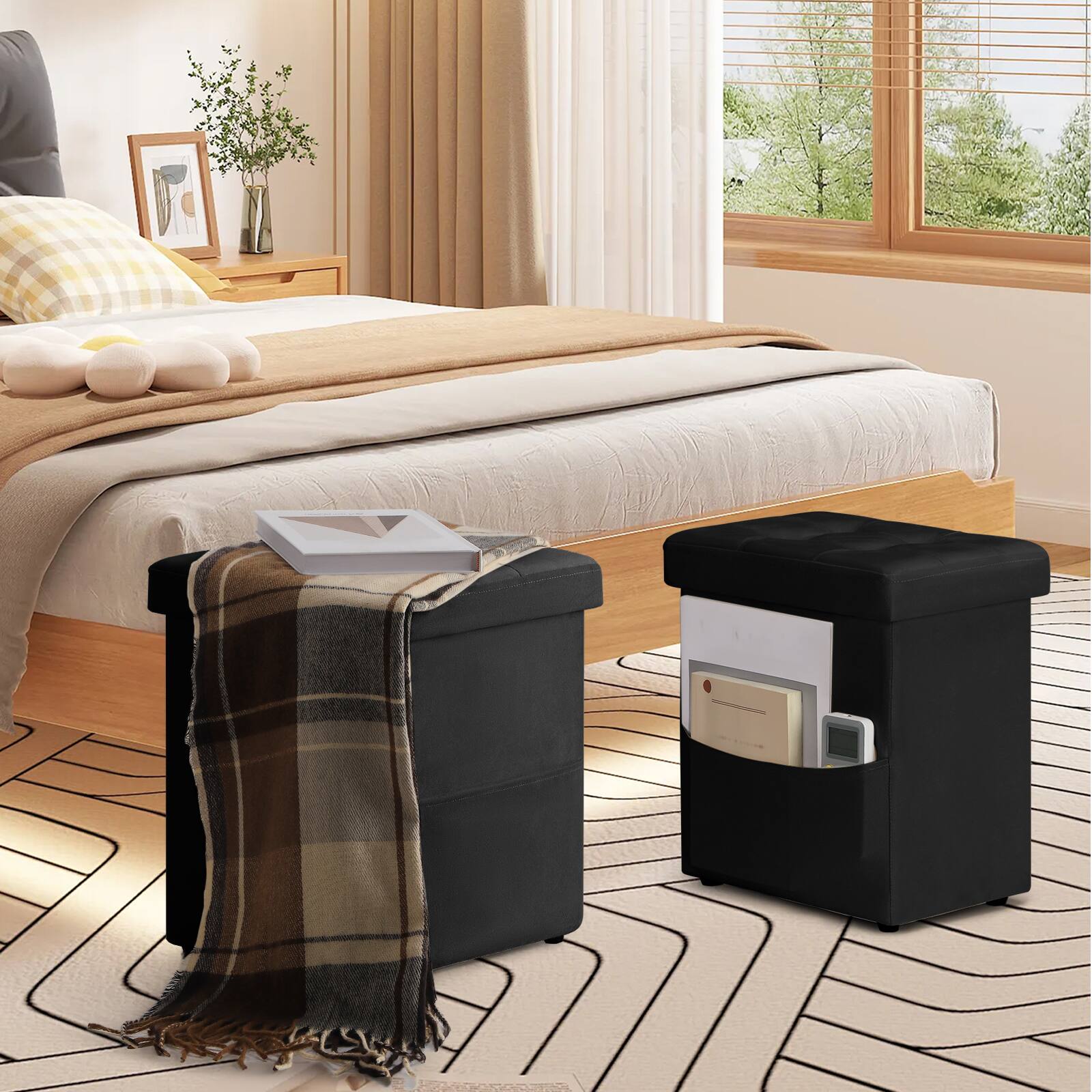 Alt View 1. Oumilen - 2 Pack Black Velvet Storage Ottoman Stools – Large & Small Cube Foot Rest with Side Pocket for Bedroom - Black.