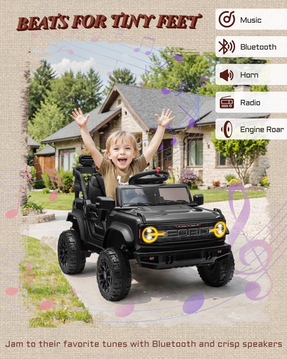 BEATS FOR TINY FEET

Music
Bluetooth
Horn
Radio
Engine Roar

Jam to their favorite tunes with Bluetooth and crisp speakers