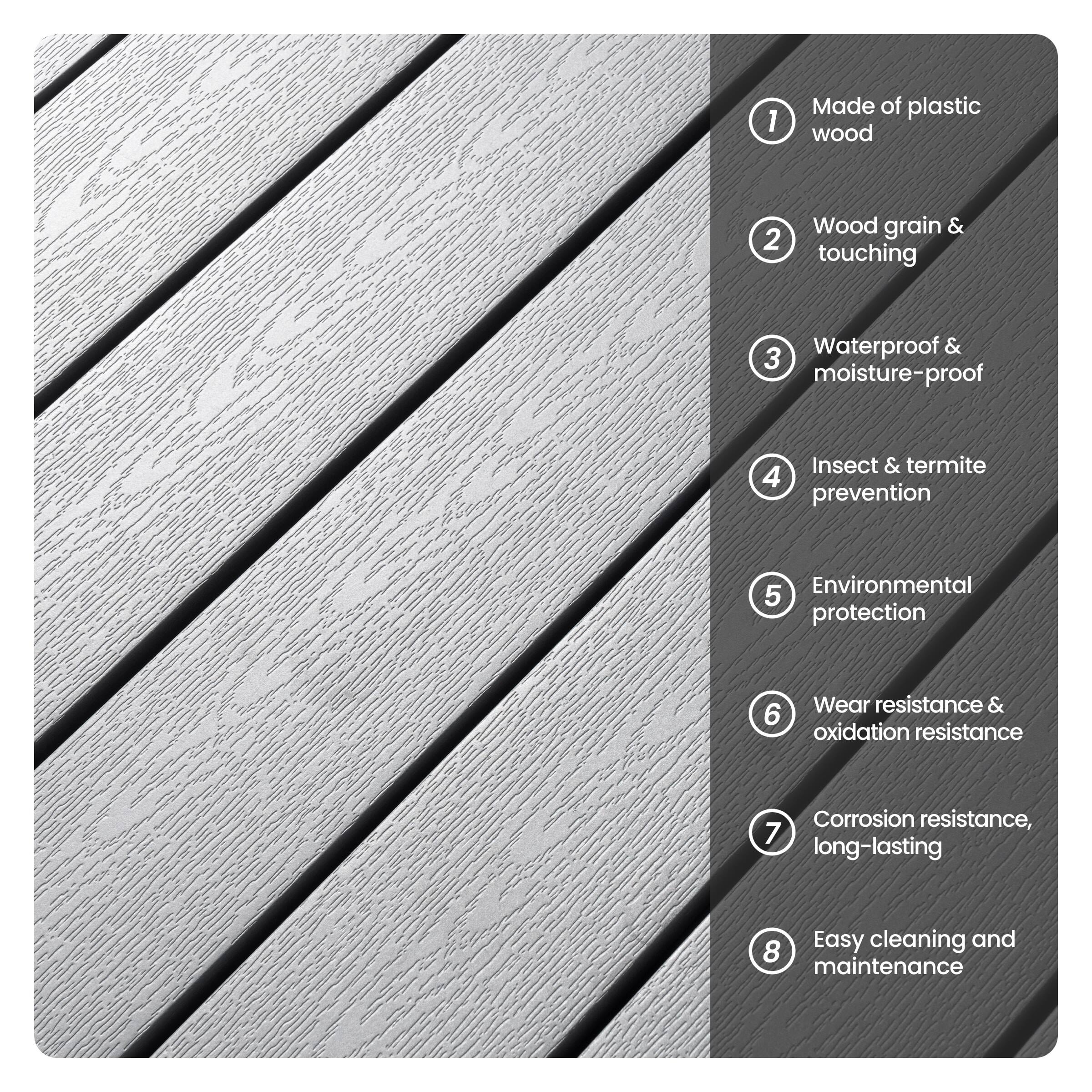 1. Made of plastic wood  
2. Wood grain & touching  
3. Waterproof & moisture-proof  
4. Insect & termite prevention  
5. Environmental protection  
6. Wear resistance & oxidation resistance  
7. Corrosion resistance, long-lasting  
8. Easy cleaning and maintenance
