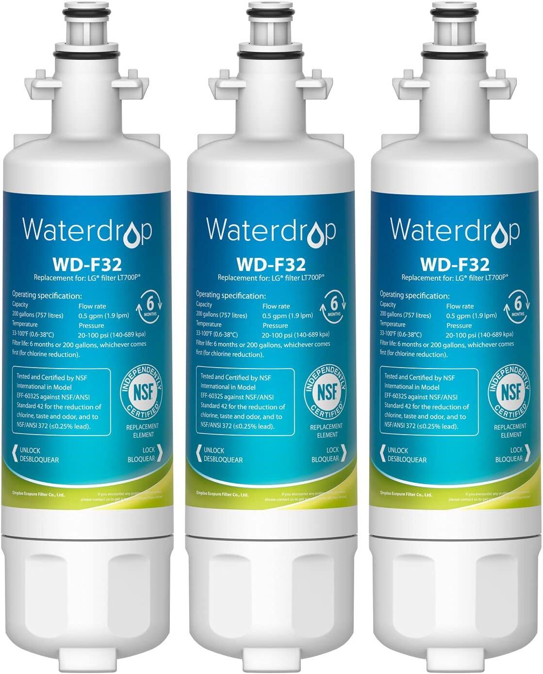 Waterdrop WD-F32 Replacement for: LG filter LT700P* Operating specification: Capacity Flow rate 6 months Temperature Pressure 200 gallons (757 litres) 0.5 gpm (1.9 Ipm] 13-100F 10.6-38C) 20-100 psi (140-689 kpa Filter life: 6 months or 200 gallons, whichever comes first for chlorine reduction). Tested and Certified by NSF International in Model EFF-60325 against NSF/ANSI Standard 42 for the reduction of chlorine, taste and odor, and to NSF/ANSI 372 (≤0.25 µg/L lead). Waterdrop WD-F32 Replacement for: LG filter LT700P* Operating specification: Capacity Flow rate 6 months Temperature Pressure 200 gallons (757 litres) 0.5 gpm (1.9 Ipm] 13-100F 10.6-38C) 20-100 psi (140-689 kpa Filter life: 6 months or 200 gallons, whichever comes first for chlorine reduction). Tested and Certified by NSF International in Model EFF-60325 against NSF/ANSI Standard 42 for the reduction of chlorine, taste and odor, and to NSF/ANSI 372 (≤0.25 µg/L lead). Waterdrop WD-F32 Replacement for: LG filter LT700P* Operating specification: Capacity Flow rate 6 months Temperature Pressure 200 gallons (757 litres) 0.5 gpm (1.9 Ipm] 13-100F 10.6-38C) 20-100 psi (140-689 kpa Filter life: 6 months or 200 gallons, whichever comes first for chlorine reduction). Tested and Certified by NSF International in Model EFF-60325 against NSF/ANSI Standard 42 for the