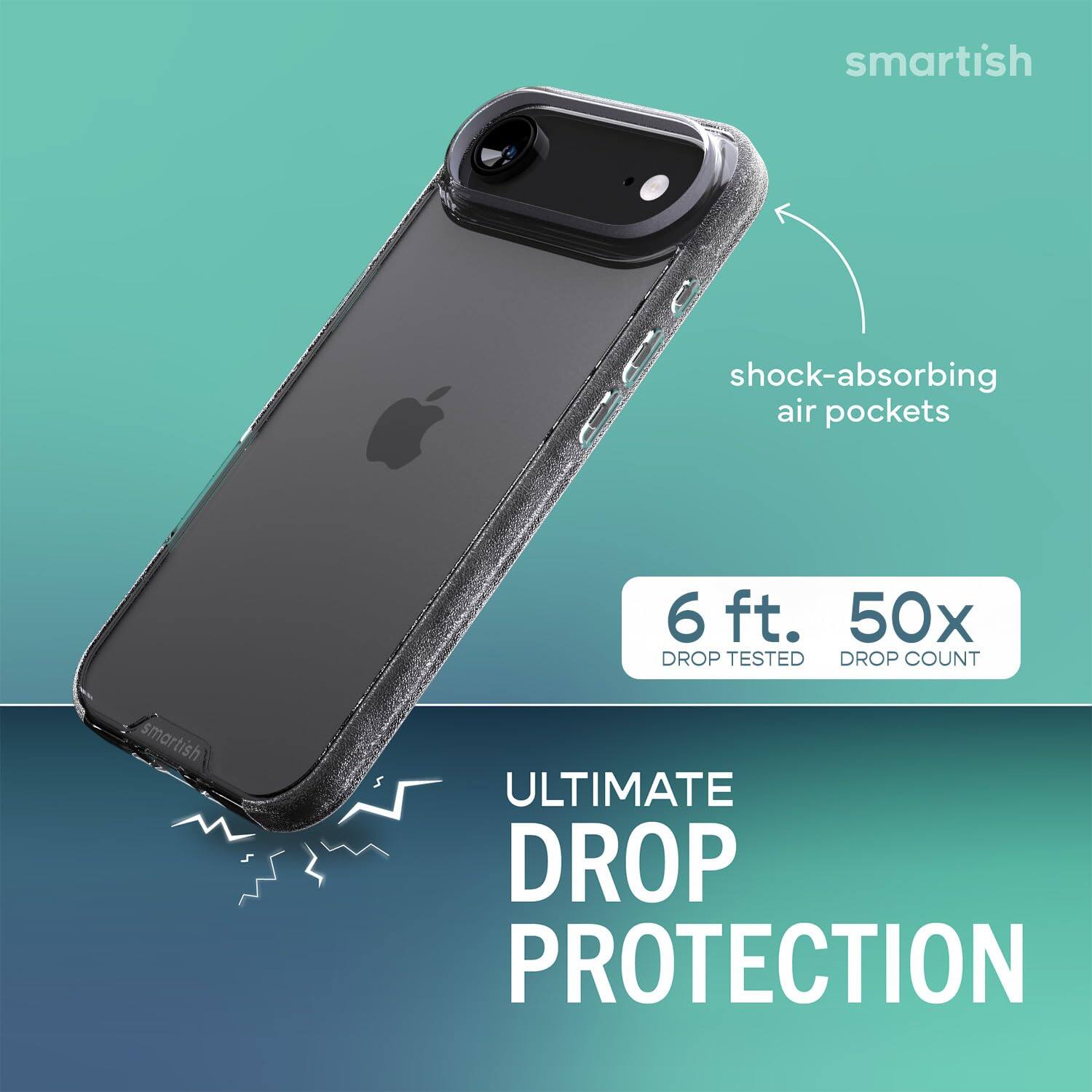 smartish

shock-absorbing air pockets

6 ft. 50x DROP TESTED DROP COUNT

smartish

ULTIMATE DROP PROTECTION