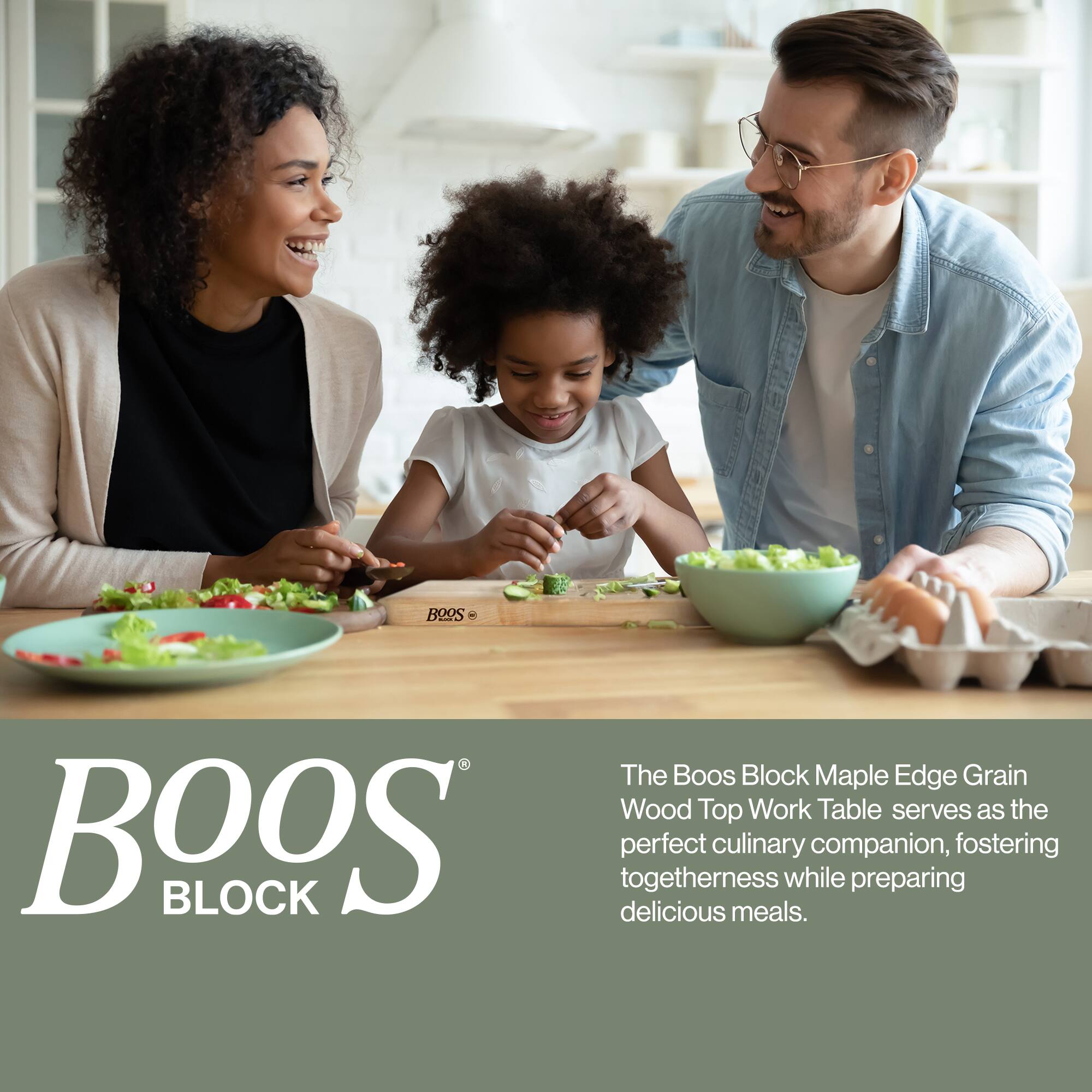 The Boos Block Maple Edge Grain Wood Top Work Table serves as the perfect culinary companion, fostering togetherness while preparing delicious meals.