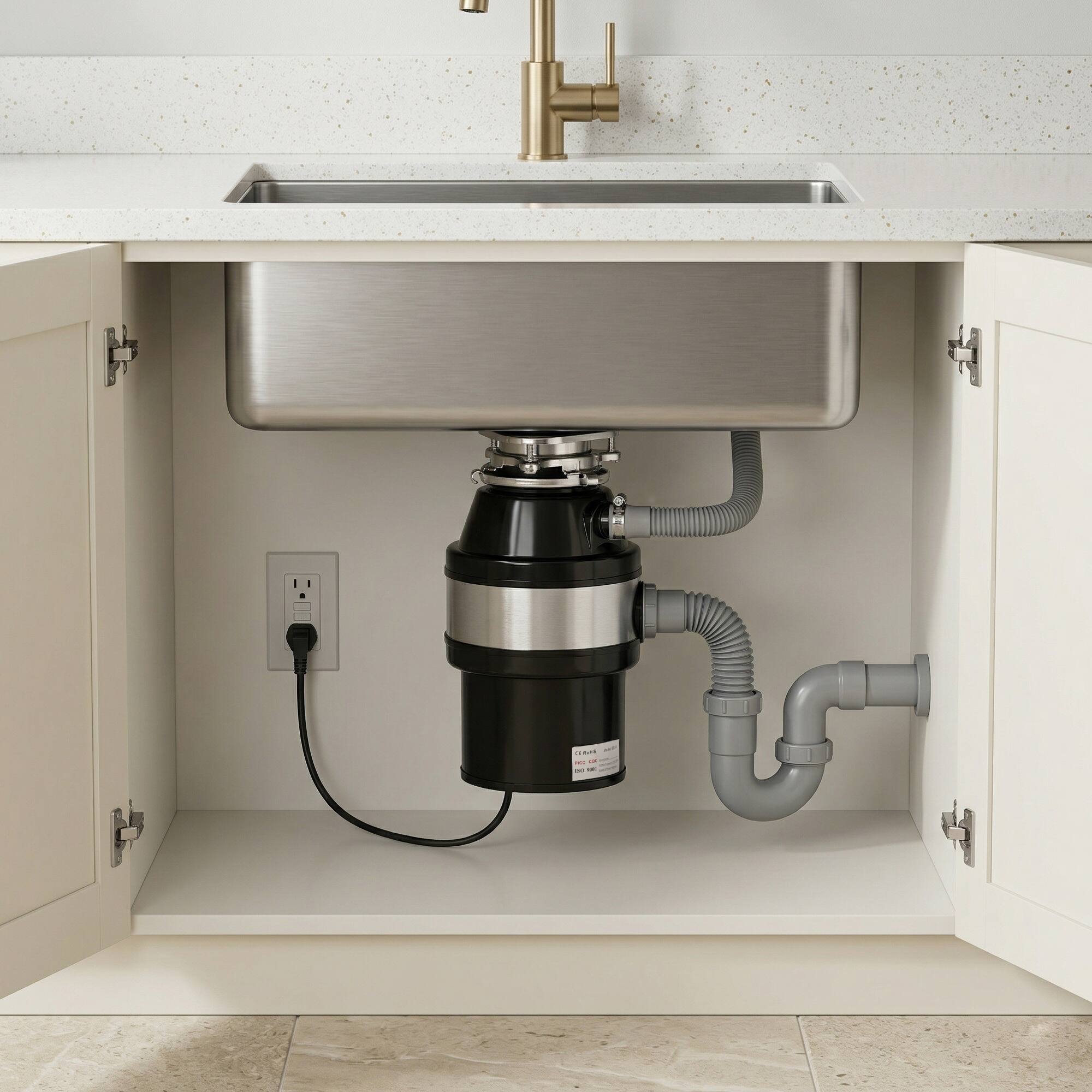 Back. Topteng - 3/4 HP Garbage Disposal with Plug - 2800 RPM High-Speed, Stainless Steel, Auto Overload Protection for Kitchen Sink - Black.