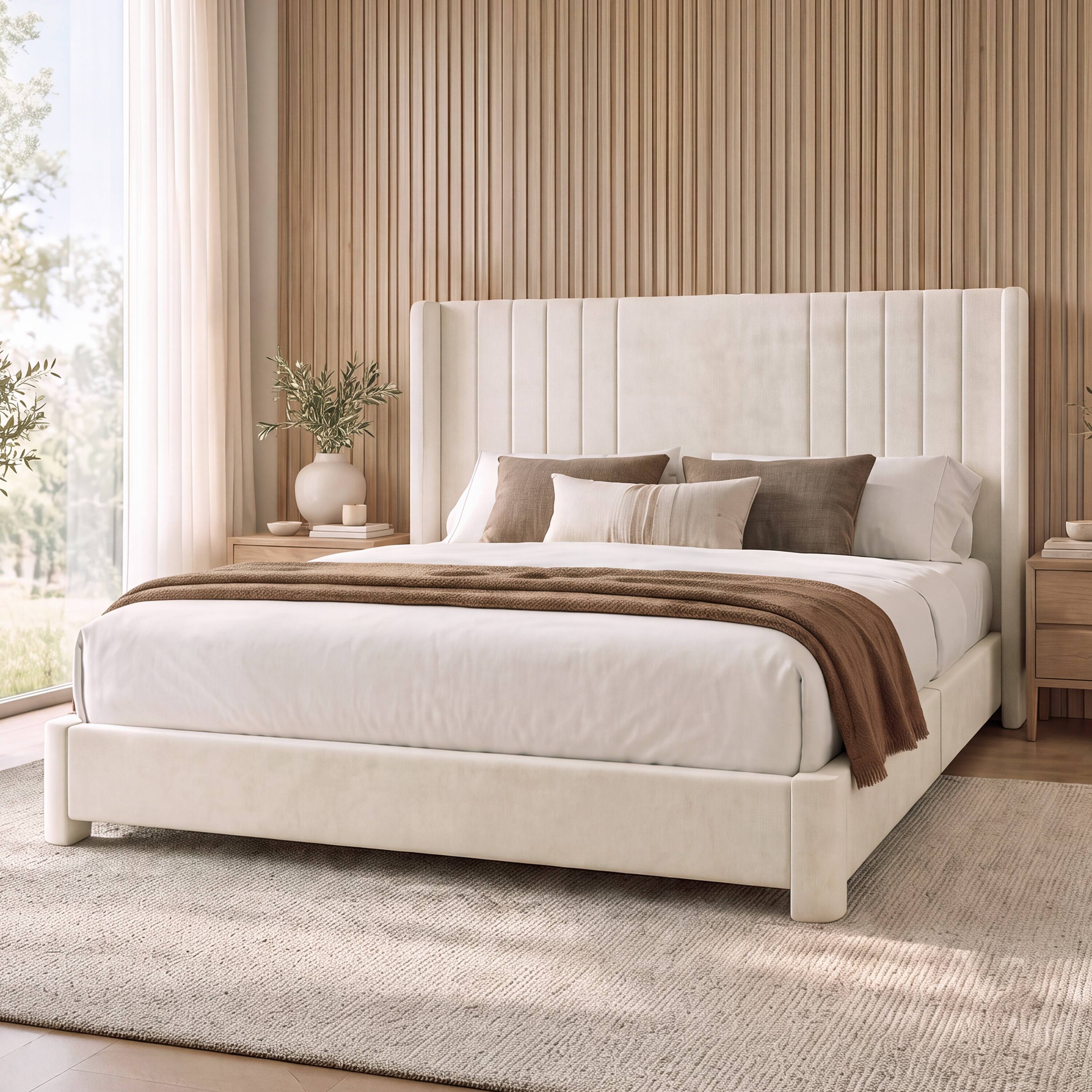 Angle. Vipbear - Velvet Highback Bed Frame, Upholstered Platform Bed with Sturdy Wood Slats, No Box Spring Needed, Noise-Free - Off-white.