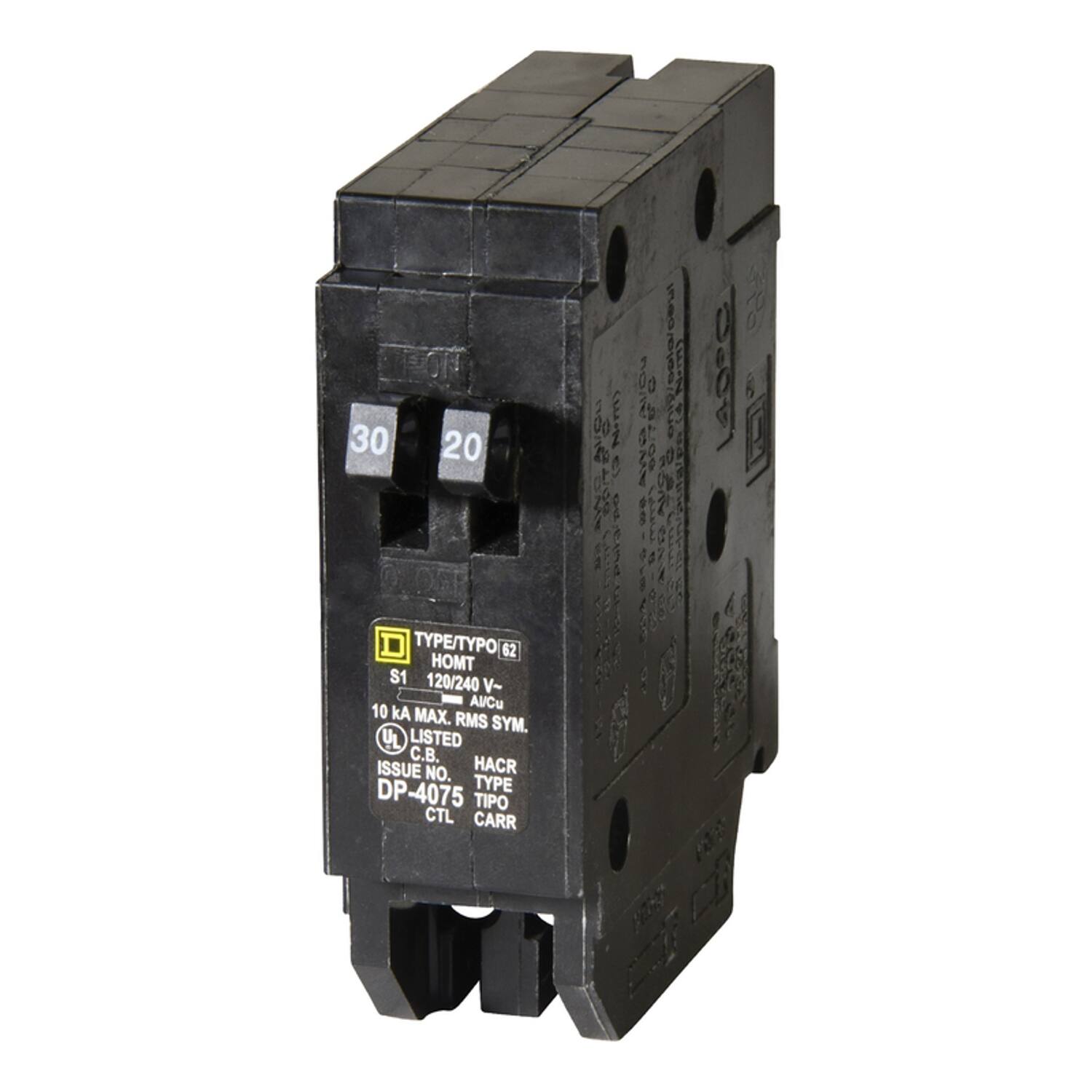 30 20 TYPE/TYPO 62 HOMT S1 120/240 V~ 10 A MAX. RMS SYM. LISTED C.B. HACR ISSUE NO. DP-4075 TYPE TIPO CTL CARR
