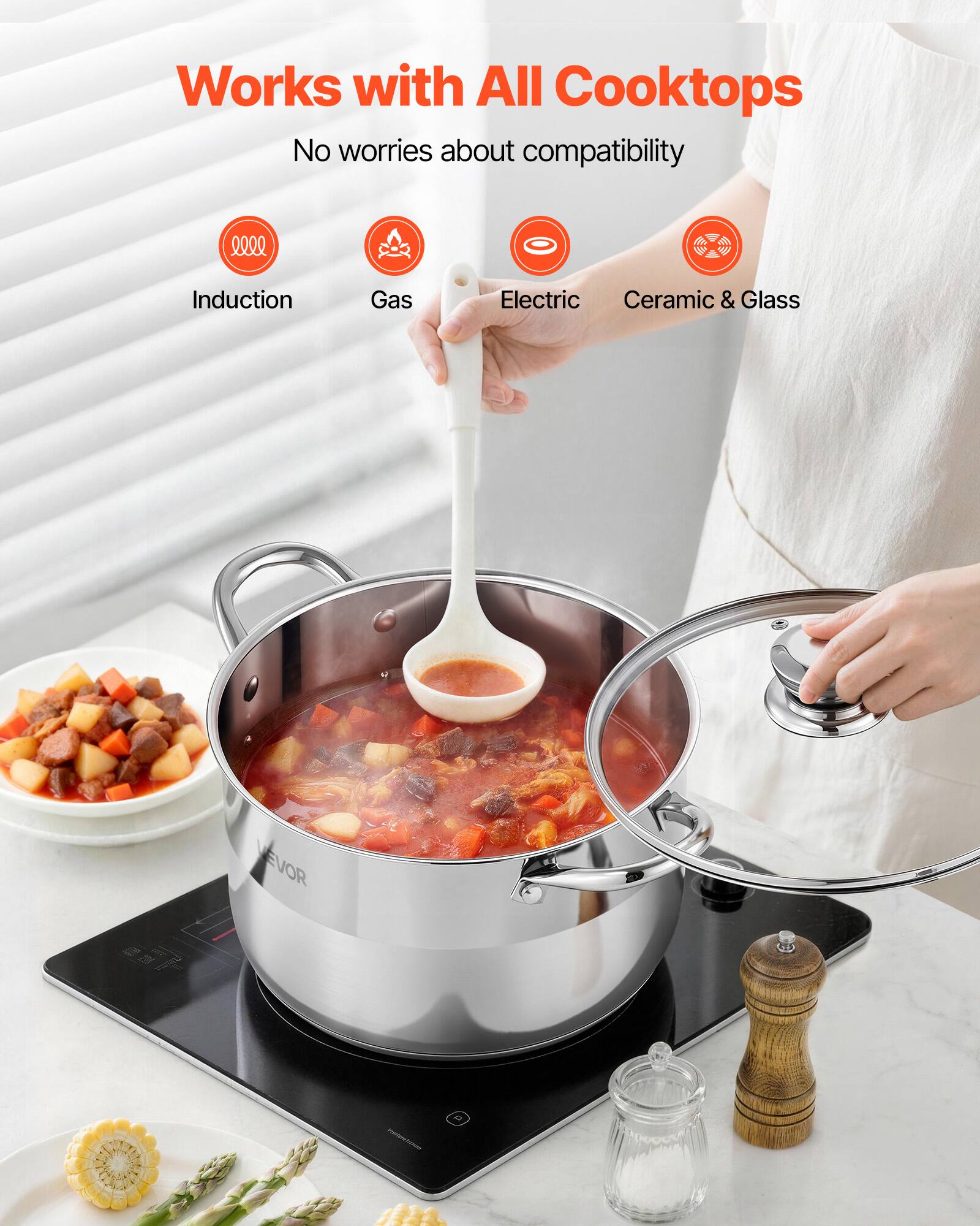 Works with All Cooktops  
No worries about compatibility  

- Induction  
- Gas  
- Electric  
- Ceramic & Glass