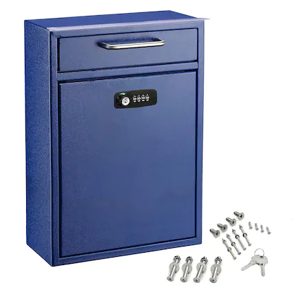 Front. AdirOffice - Drop Box Large Steel Wall-Mounted Drop Box Mailbox with Combination Lock - Blue.