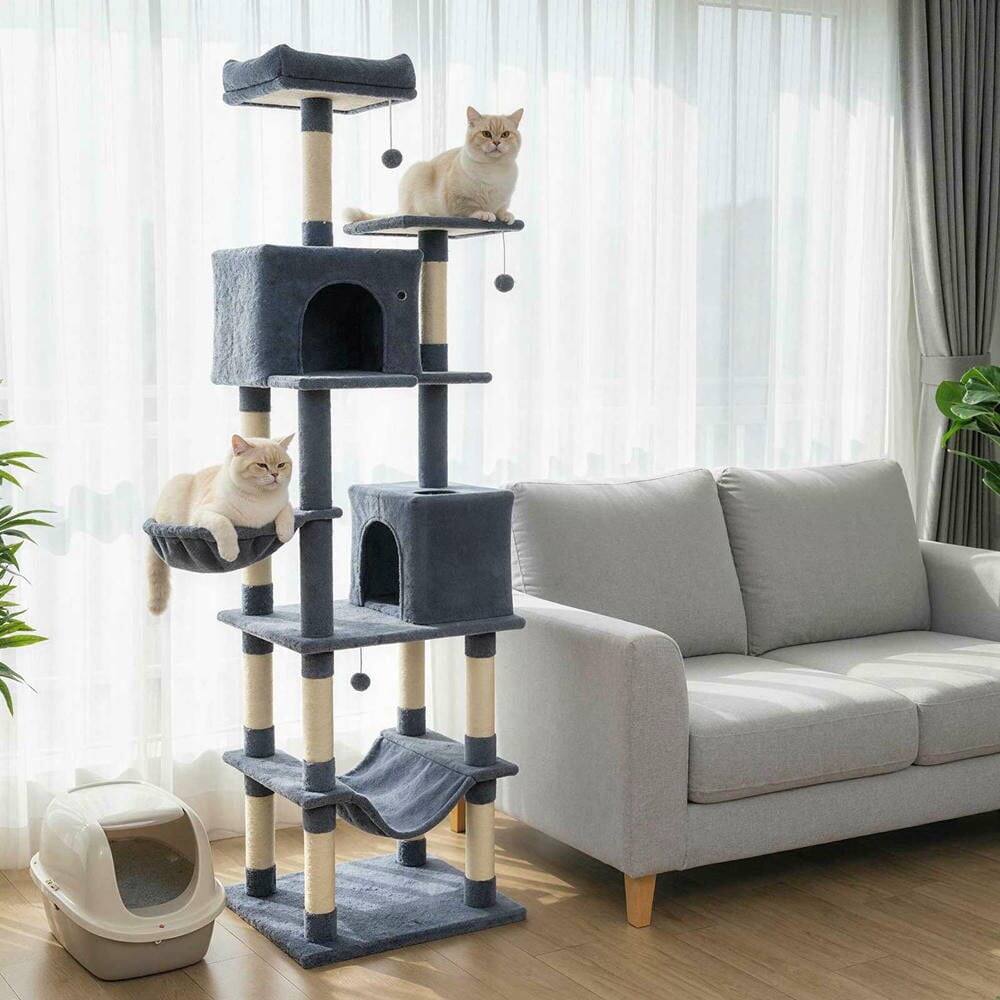 Alt View 2. Kadyn - 80-Inch Tall Large Cat Tree with Two Big Condos and Hanging Toys, Dark Gray - Gray.
