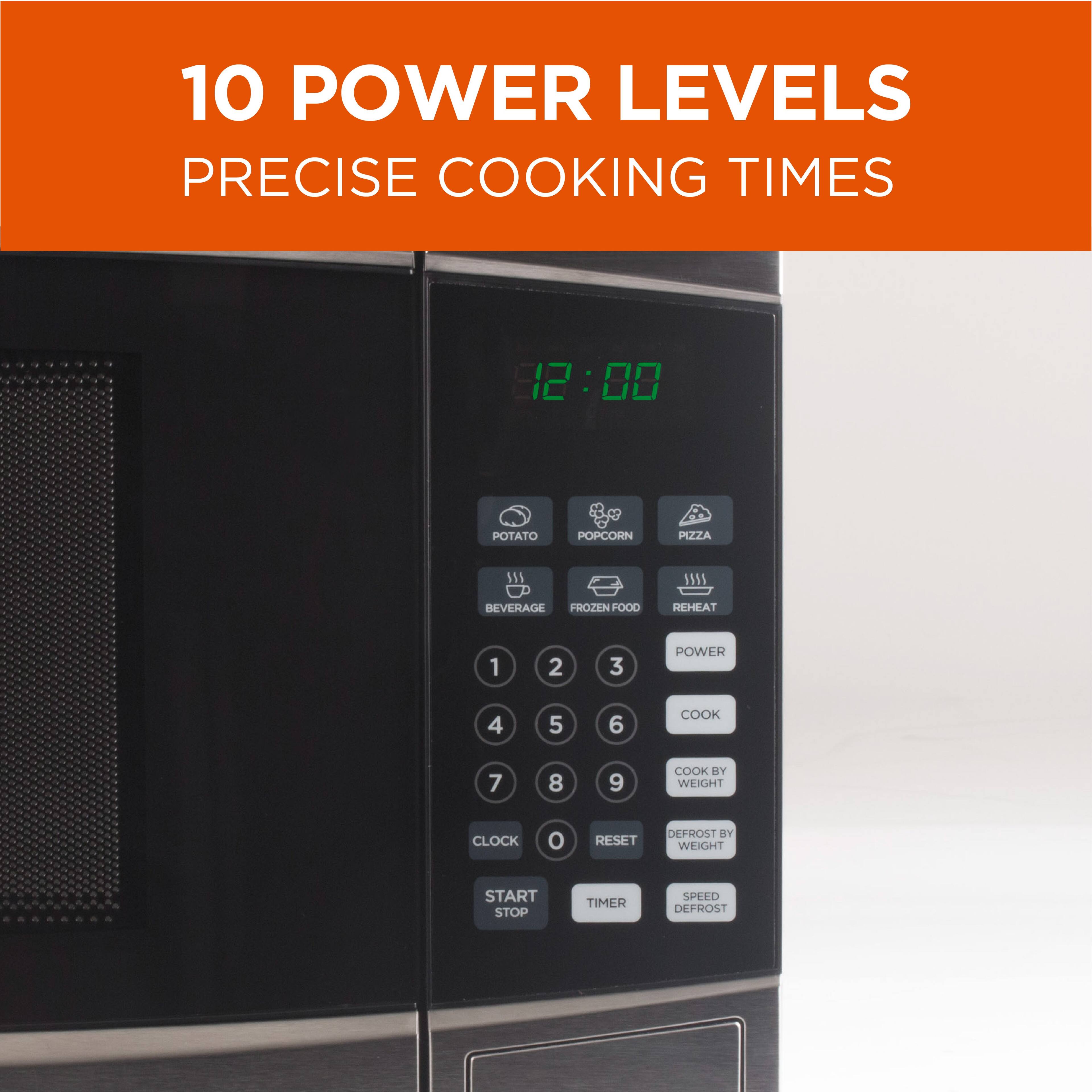10 POWER LEVELS PRECISE COOKING TIMES 12:00 POTATO POPCORN PIZZA BEVERAGE FROZEN FOOD REHEAT 1 2 3 POWER 4 5 6 COOK 7 8 9 COOK BY WEIGHT CLOCK RESET DEFROST BY WEIGHT START STOP TIMER SPEED DEFROST