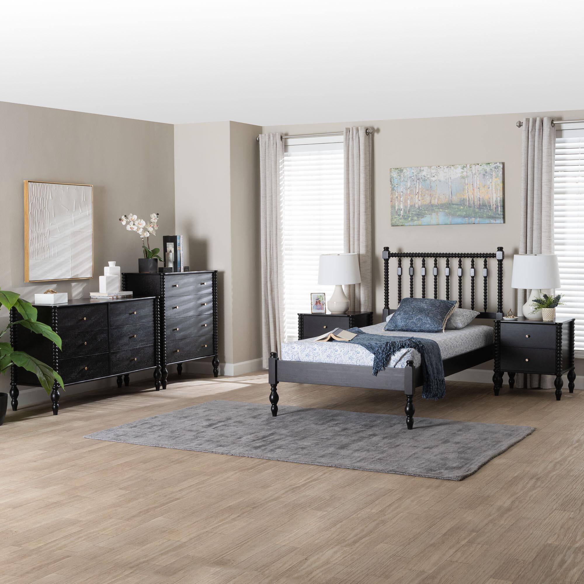 Alt View 8. Baxton Studio - Callison Spindle 5-Piece Bedroom Set - Platform Bed with Matching Dresser, Chest, and 2-Drawer Nightstands, Twin - Black.