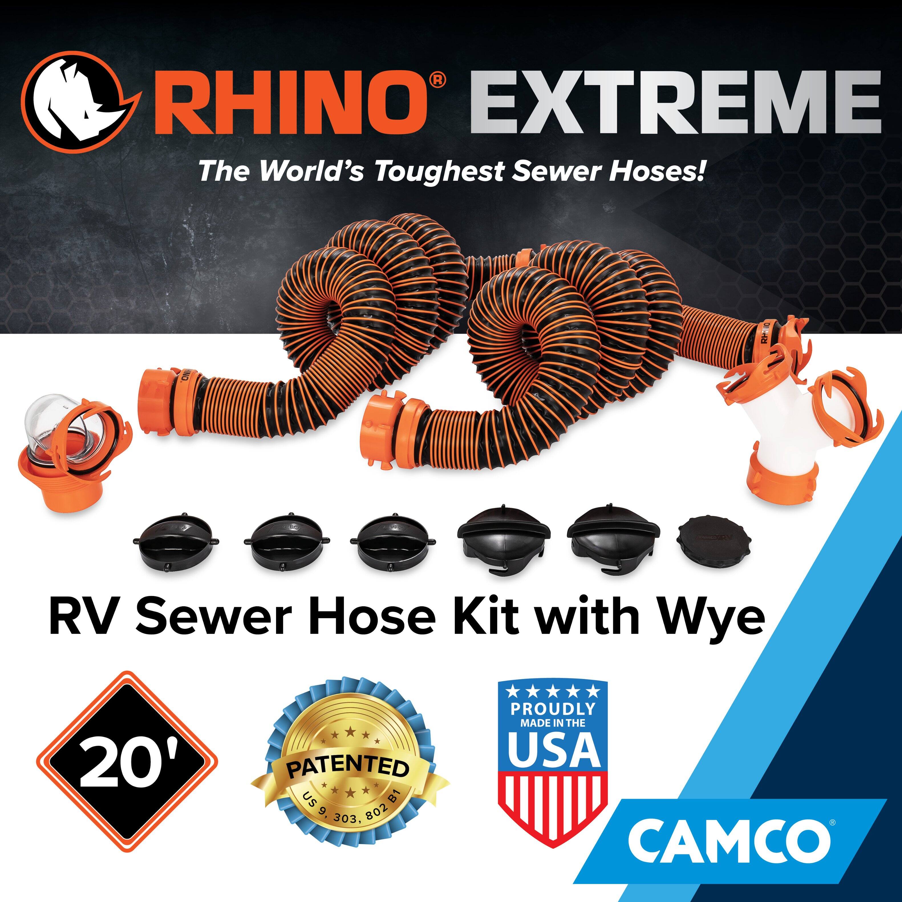 RHINO EXTREME  
The World's Toughest Sewer Hoses!  
RV Sewer Hose Kit with Wye  
20'  
PATENTED US B1 9,303,802  
PROUDLY MADE IN THE USA  
CAMCO