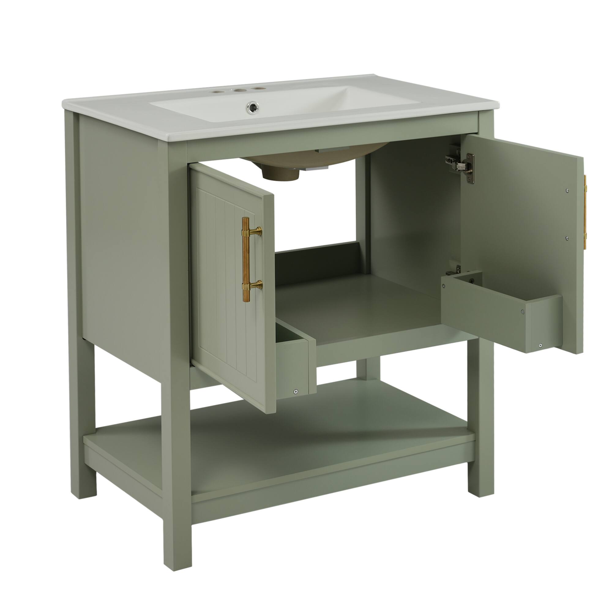 Alt View 8. ELEMENT ACE - Compact White Bathroom Vanity with Integrated Ceramic Sink and Spacious Storage Solution - Green.