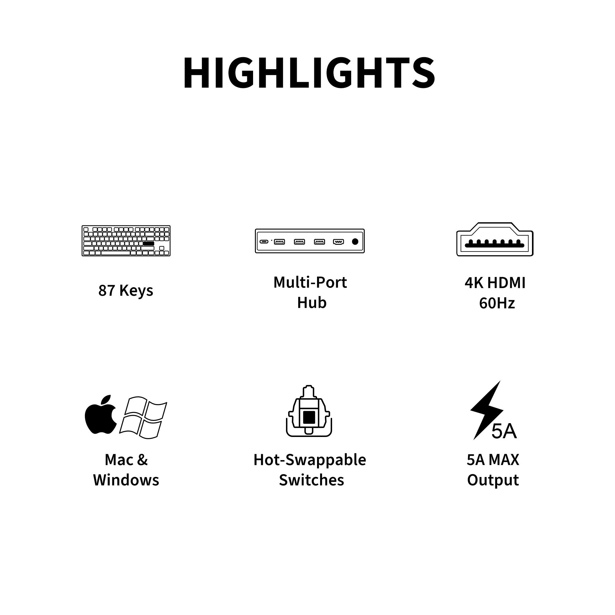 HIGHLIGHTS - 87 Keys Multi-Port Hub 4K HDMI 60Hz Mac & Windows Hot-Swappable Switches 5A 5A MAX Output