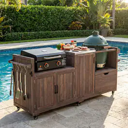 Chateau Abodes - 80.5" Outdoor Kitchen Island for Big Green Egg & 21"/28" Blackstone Griddle, Solid Wood with Stainless Steel Top - Dark Brown