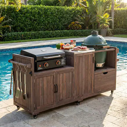 Front. Chateau Abodes - 80.5" Outdoor Kitchen Island for Big Green Egg & 21"/28" Blackstone Griddle, Solid Wood with Stainless Steel Top - Dark Brown.