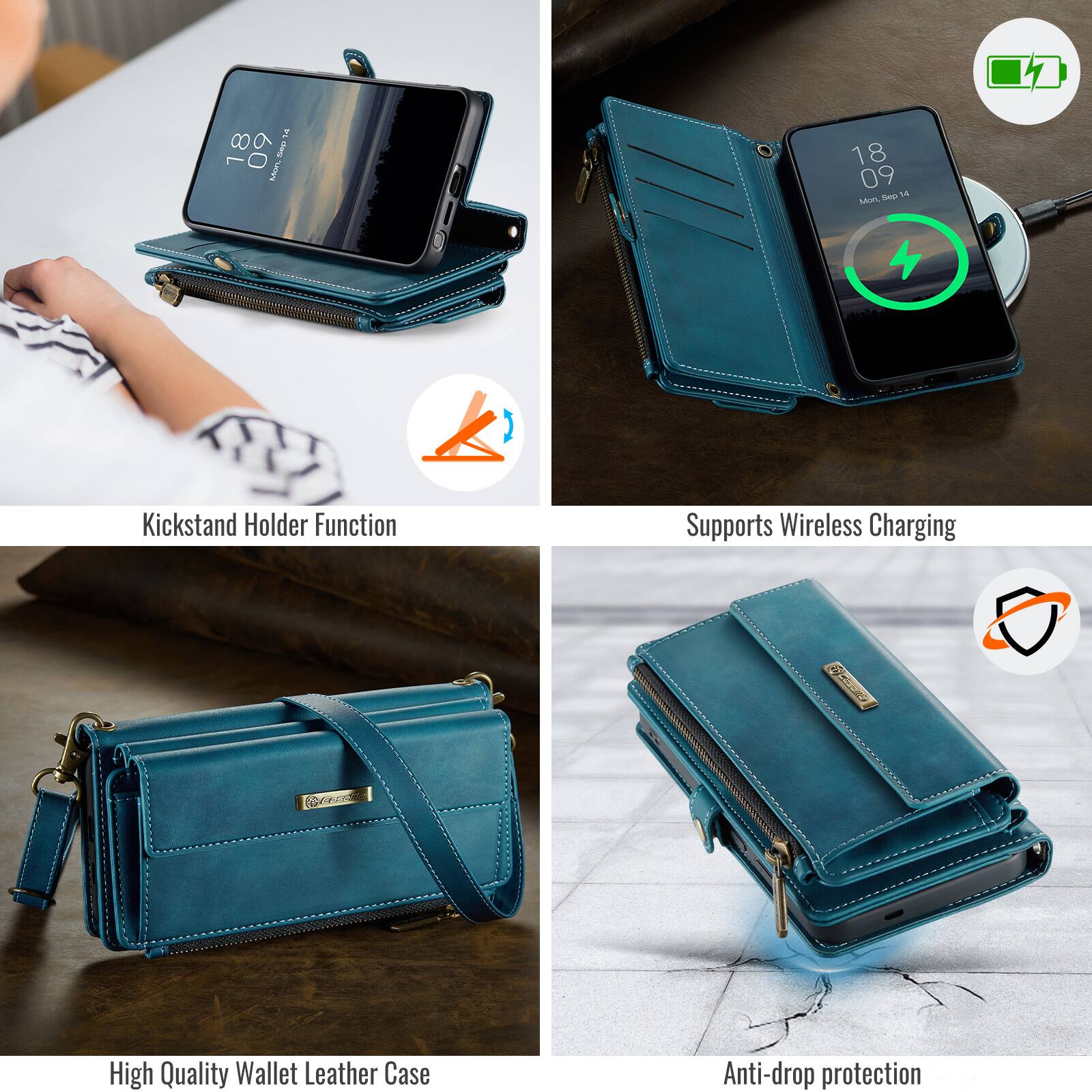 18 09 d MU 18 09 THo 1.4  
Kickstand Holder Function  
Supports Wireless Charging  
High Quality Wallet Leather Case  
Anti-drop protection