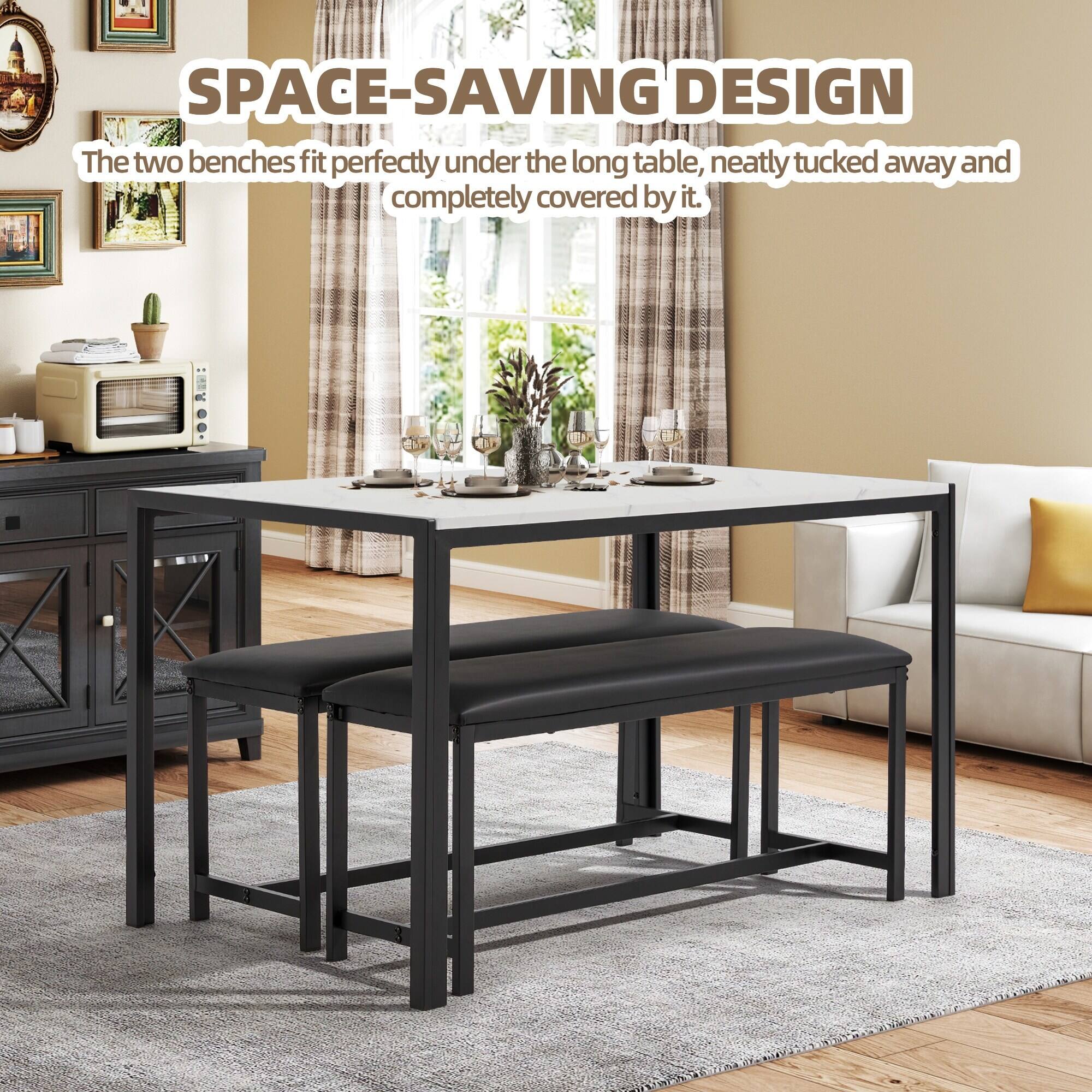 SPACE-SAVING DESIGN  
The two benches fit perfectly under the long table, neatly tucked away and completely covered by it.