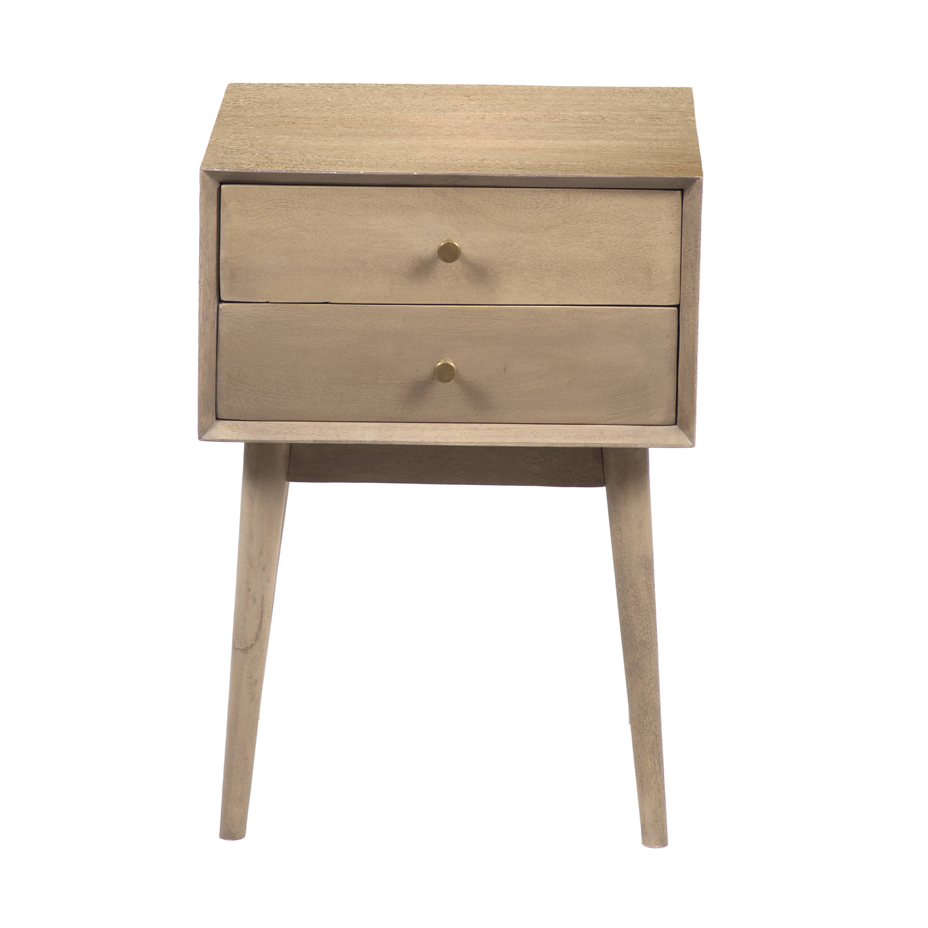 Alt View 1. Manhattan Lane - Nali Bedside Nightstand Table, 2 Drawers, Sandblasted Washed Ash White Mango Wood, Brass Knobs - Washed Ash White.