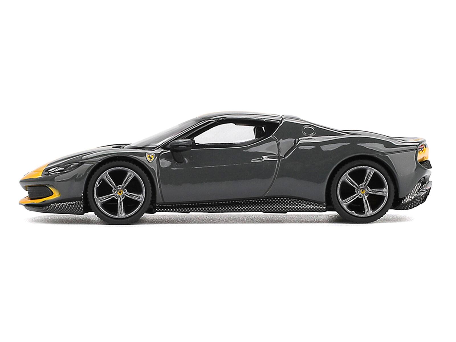 Alt View 1. BBR - Ferrari 296 GTB Assetto Fiorano Grigio Scuro (Dark Gray) with Yellow Stripes 1/64 Diecast Model Car by BBR Models.