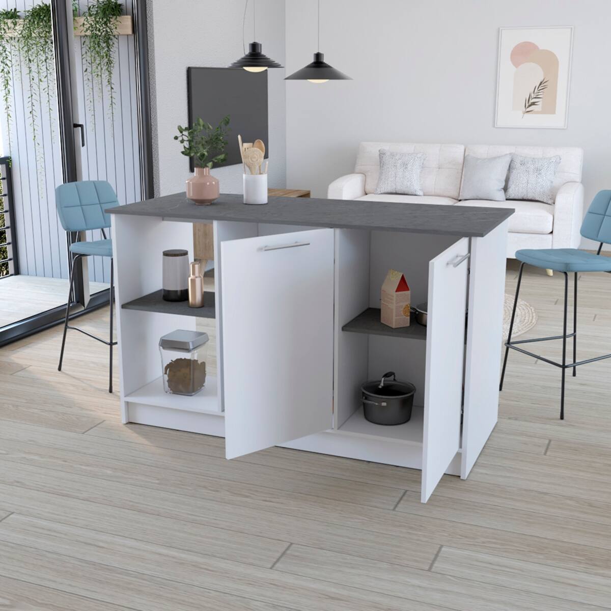 Angle. Loheer - Loheer White Onyx Kitchen Island with Open Shelves 59 Inch Countertop - White / Onyx.