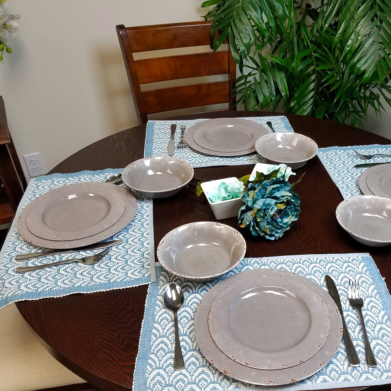 Alt View 3. Studio California - Studio California Mauna 12 Piece Dinnerware Set in  Gray Crackle Look Decal - Gray.