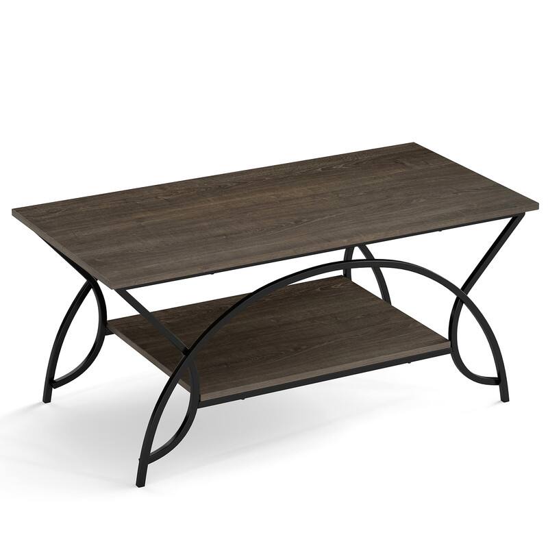 Left. WELLFOR - 2-Tier Coffee Table with Metal Frame，Center Table Cocktail Tea Table for Living Room - Oak.