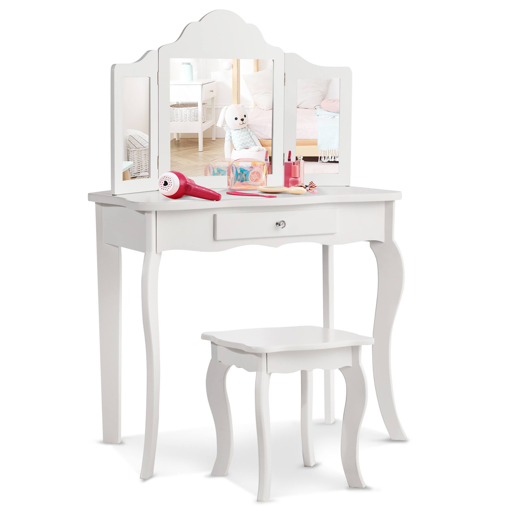 Alt View 7. Costway - Costway Vanity Table Set Makeup Dressing Table Kids Stool Mirror - White.