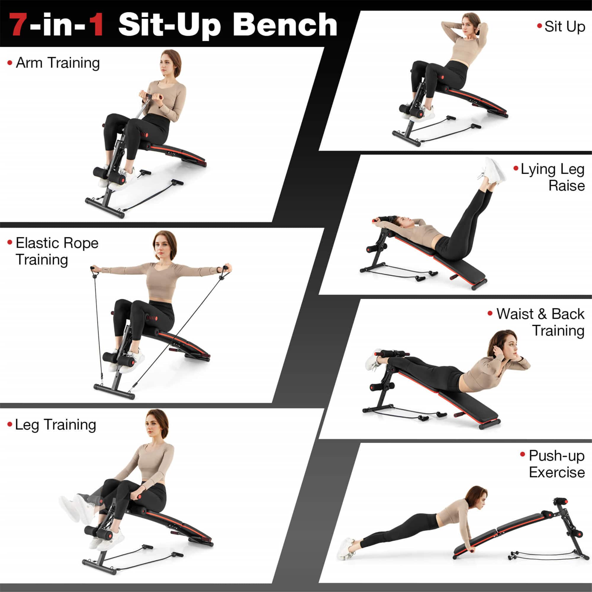 7-in-1 Sit-Up Bench Arm Training Sit Up Lying Leg Raise Elastic Rope Training Waist & Back Training Leg Training Push-up Exercise