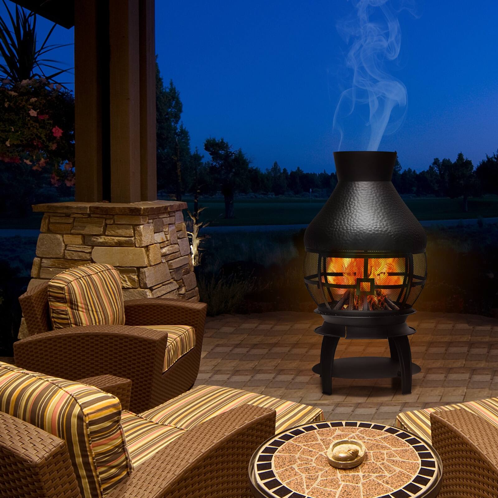 Angle. SKONYON - Outdoor Steel Chimenea Fireplace with Mesh Cover Charcoal Grates and High Heat Output.