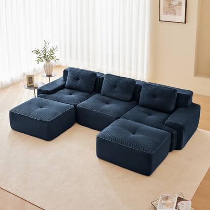 Front. Anysun - 117" U-Shape Corduroy Sectional Sofa with Ottoman - 3-Seat Deep-Seat Couch, Pearl Piping, Tufted, No Assembly - Blue.