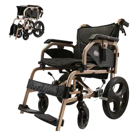 Front. TinyHomie - 27lbs Foldable lightweight wheelchair Equipped with double hand brakes Reversible and height adjustable armrests - Black and Gold.