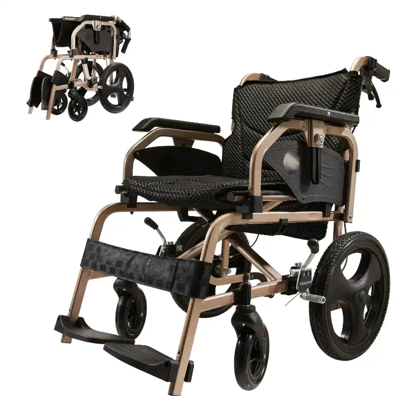 TinyHomie - 27lbs Foldable lightweight wheelchair Equipped with double hand brakes Reversible and height adjustable armrests - Black/Gold