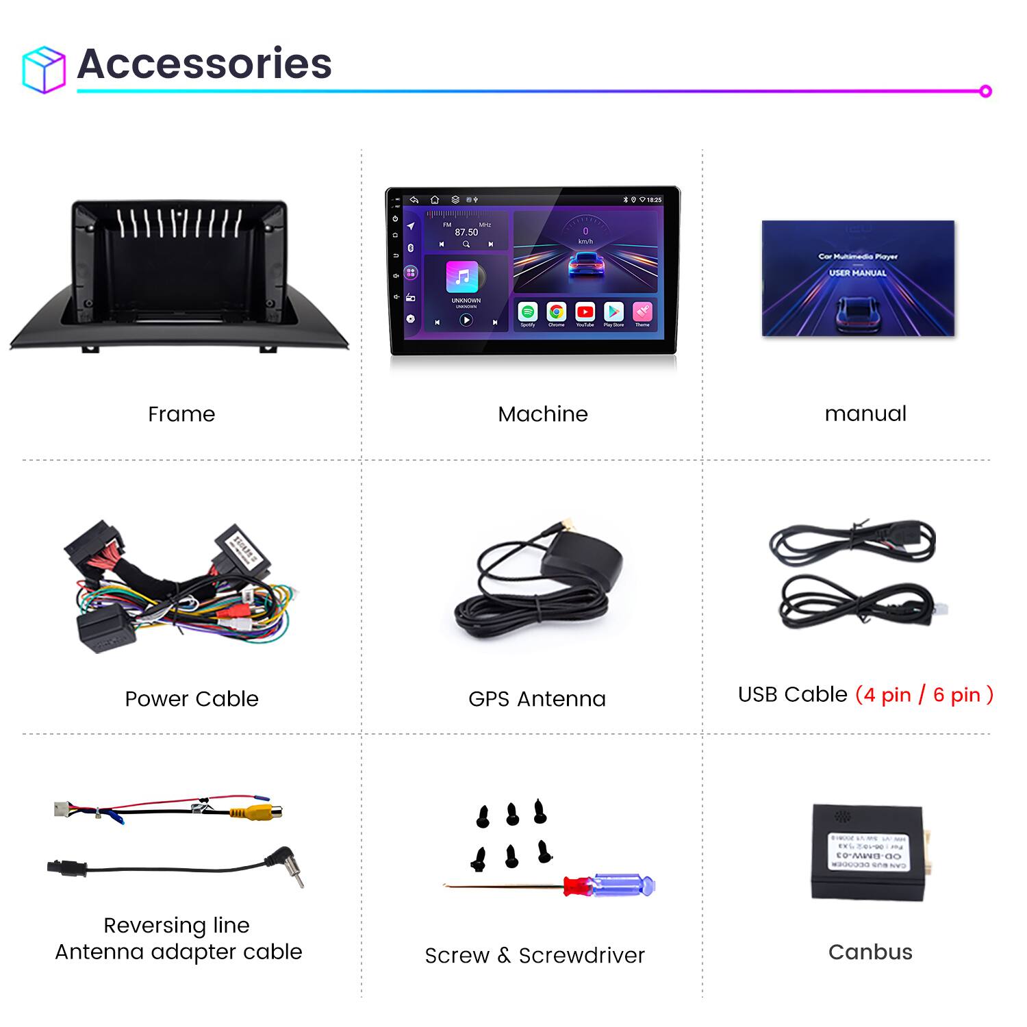 Accessories

- Frame
- Machine
- Manual
- Power Cable
- GPS Antenna
- USB Cable (4 pin / 6 pin)
- Reversing line Antenna adapter cable
- Screw & Screwdriver
- Canbus