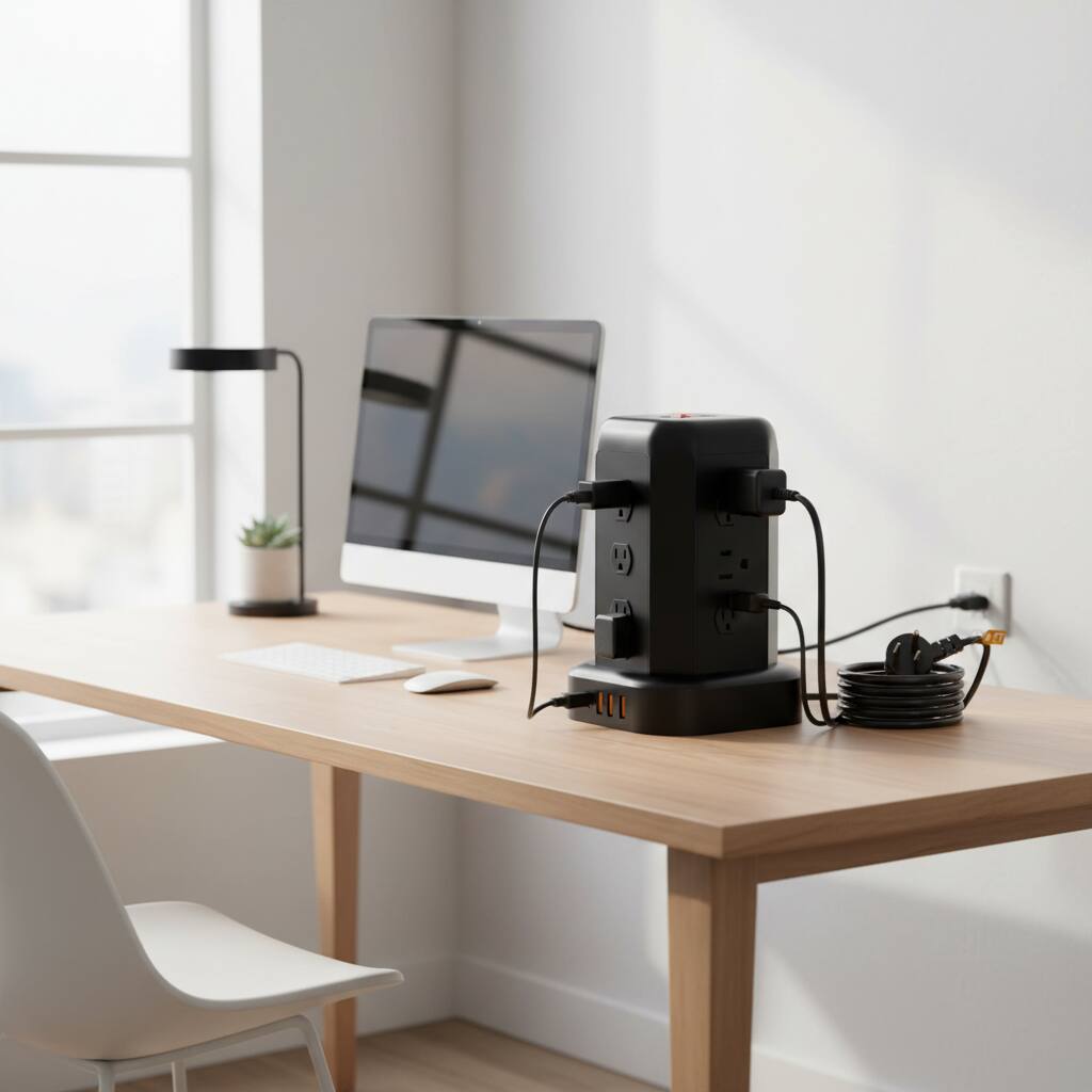 Alt View 1. Dazzed Corner - Flat Plug Power Strip, 5ft Cord, 12 AC Outlets, 4 USB Ports - Black.