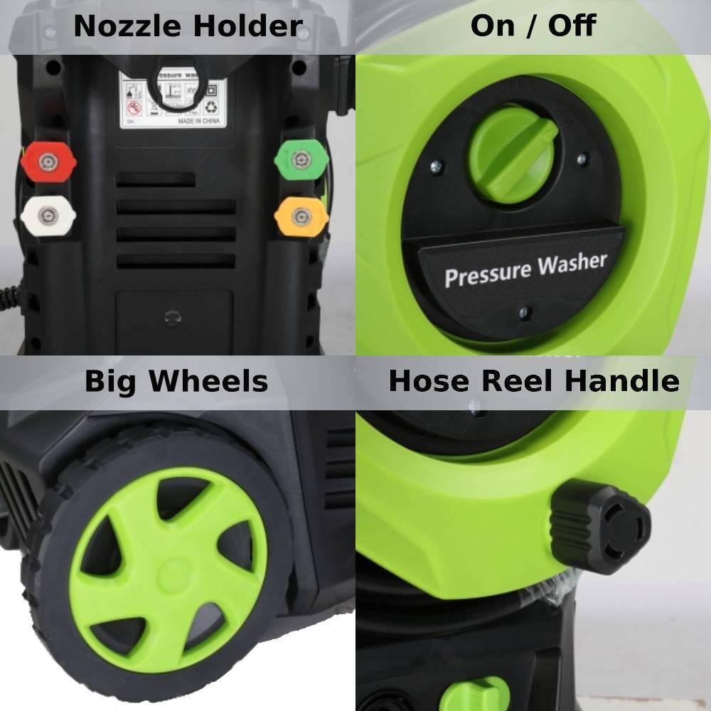 Nozzle Holder  
On / Off  
Big Wheels  
Hose Reel Handle  
Pressure Washer  
Made in China