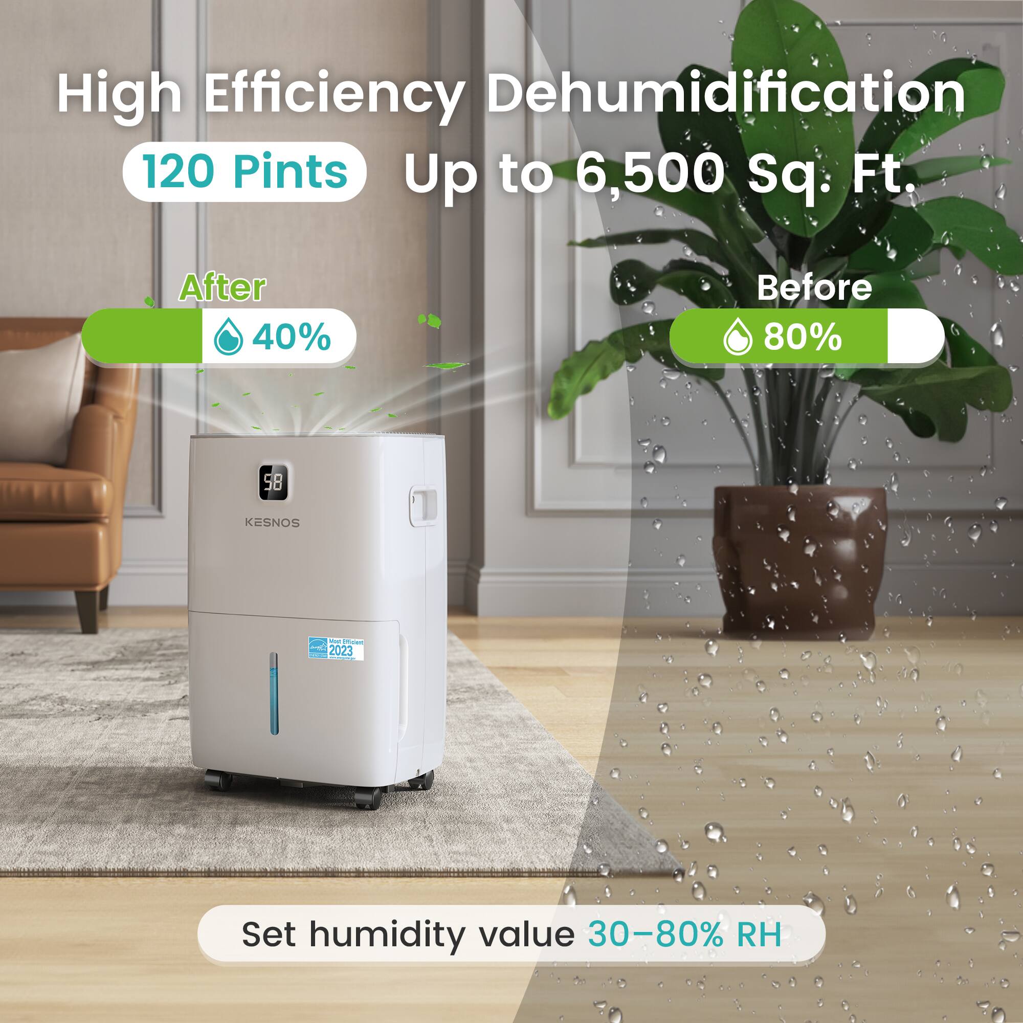 High Efficiency Dehumidification  
120 Pints  
Up to 6,500 sq. Ft.  

After 40%  
Before 80%  

KESNOS  
2023  

Set humidity value 30-80% RH