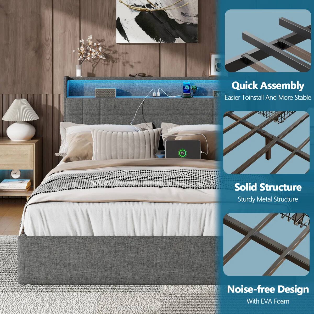 Quick Assembly  
Easier to Install And More Stable  
Solid Structure  
Sturdy Metal Structure  
Noise-free Design  
With EVA Foam