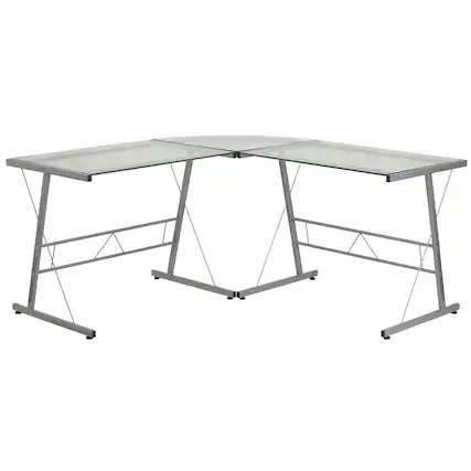 Front. Emma + Oliver - L-Shaped Computer Corner Glass Desk, Gaming Desk, Home Office Corner Desk - Clear Top/Silver Frame.