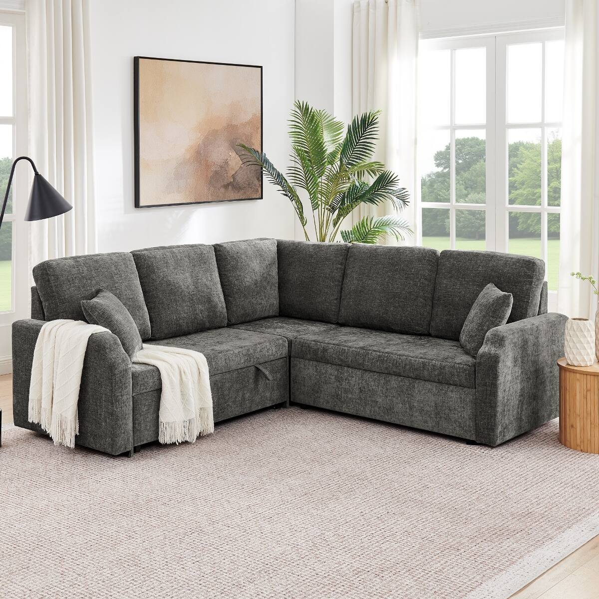 Angle. Ropilly - Ropilly Dark Grey Modular Sectional Sleeper Sofa, 5 Seat L Shaped Sectional with Pull Out Bed - Dark Grey.