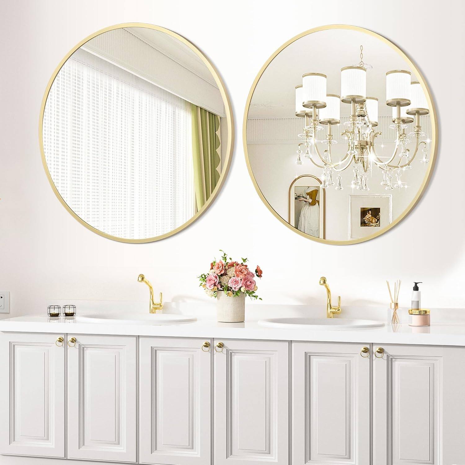 Left. Homhougo - Gold  Circle Wall Mirror Modern Metal Frame Decorative.